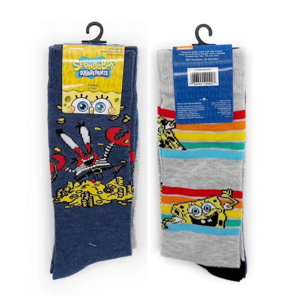 SpongeBob SquarePants Crew Socks Mens Womens Mr. Krabs Rainbow 2 Pairs Y2K Gift